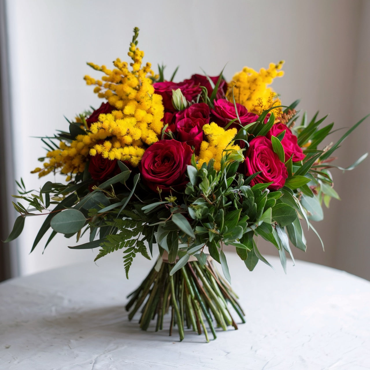 Rose rosse e mimosa