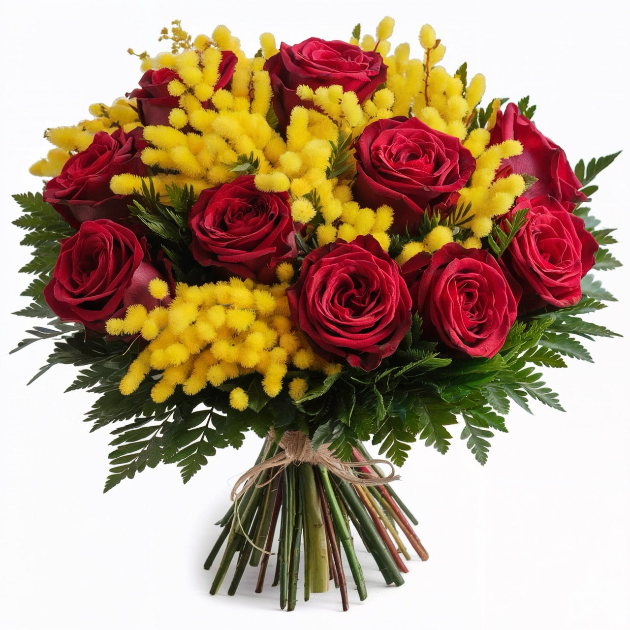 Rose rosse e mimosa