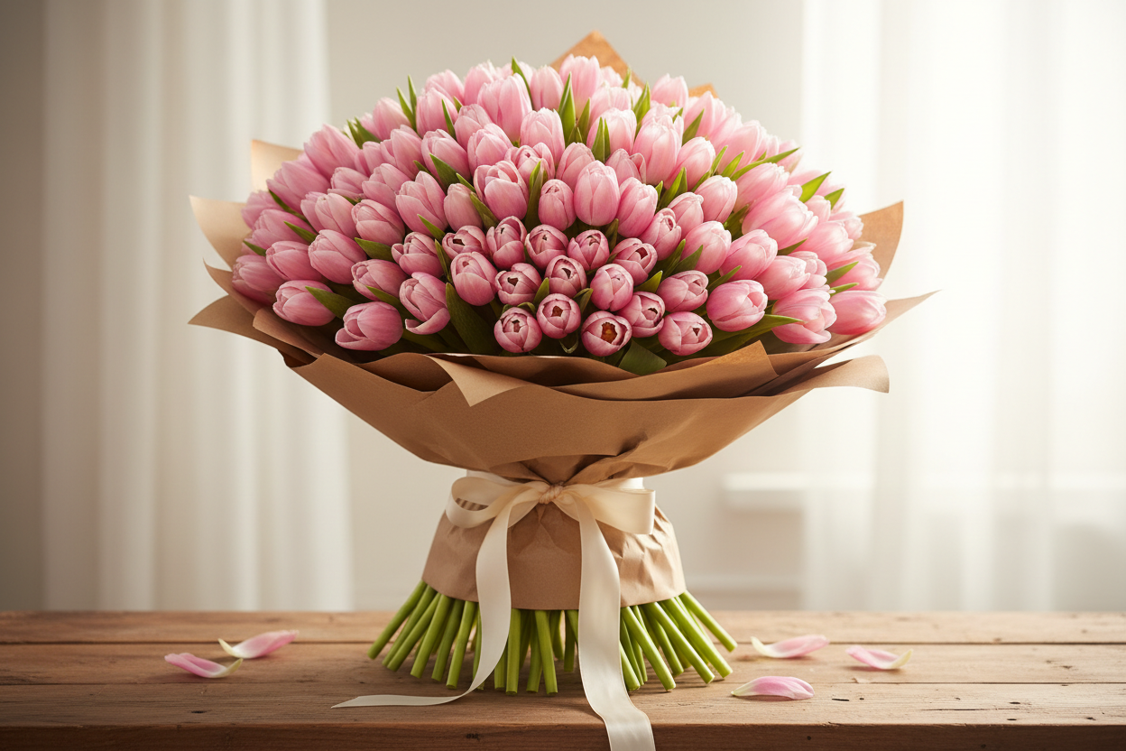 100 tlipani rosa bouquet con carta pane 