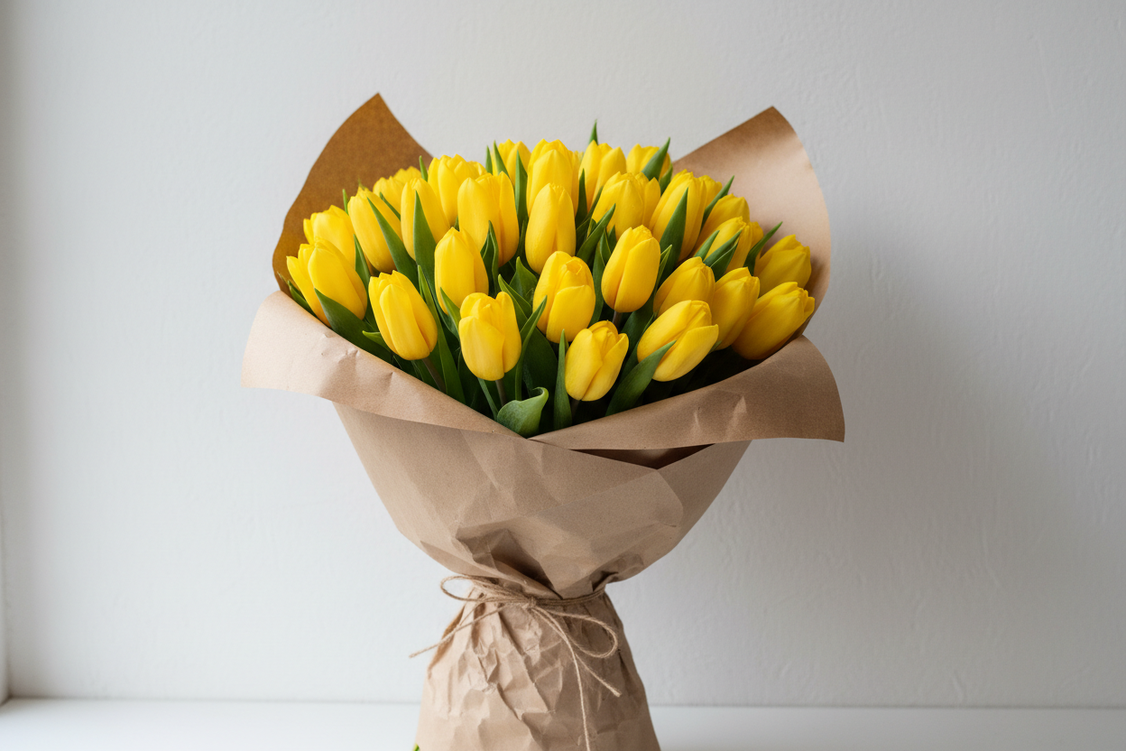 Bouquet di 100 tulipani gialli con carta pane