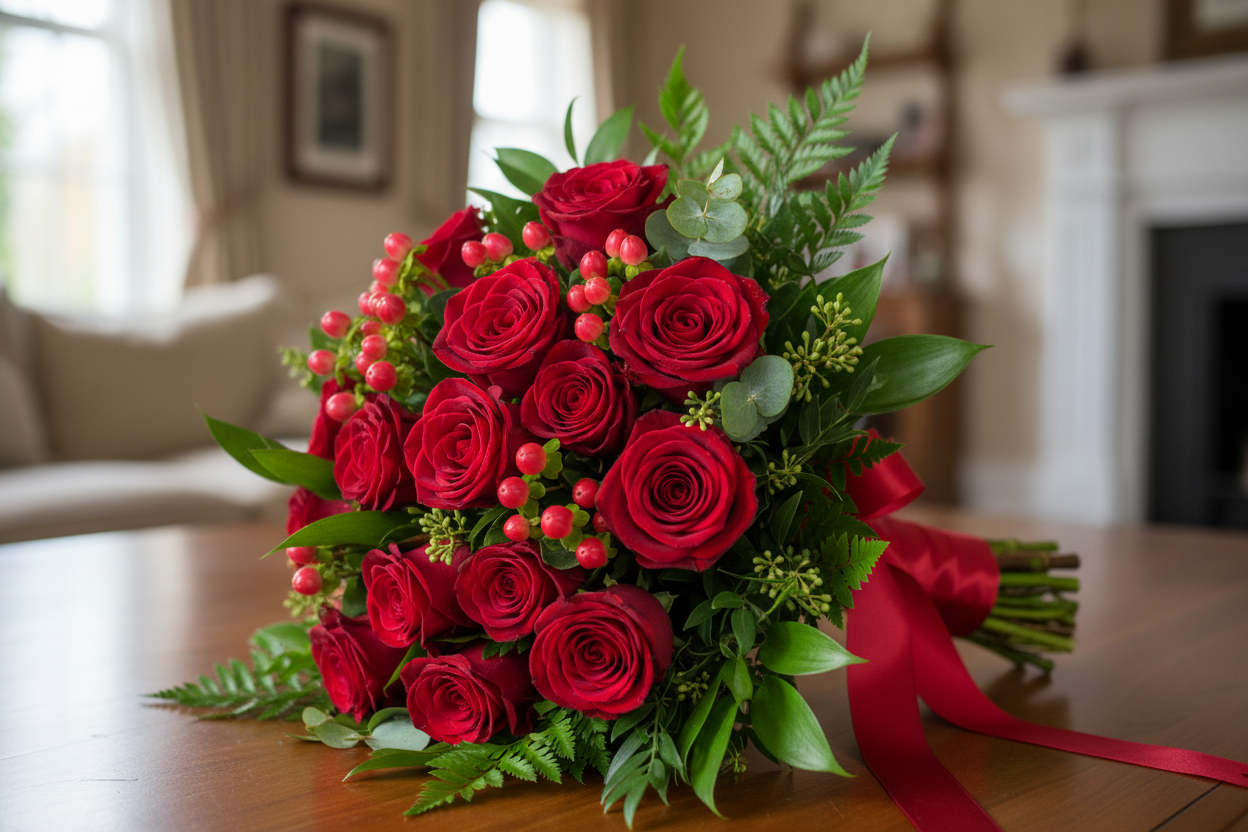 cea un bouqut di 15 rose rosse e pericom rossi