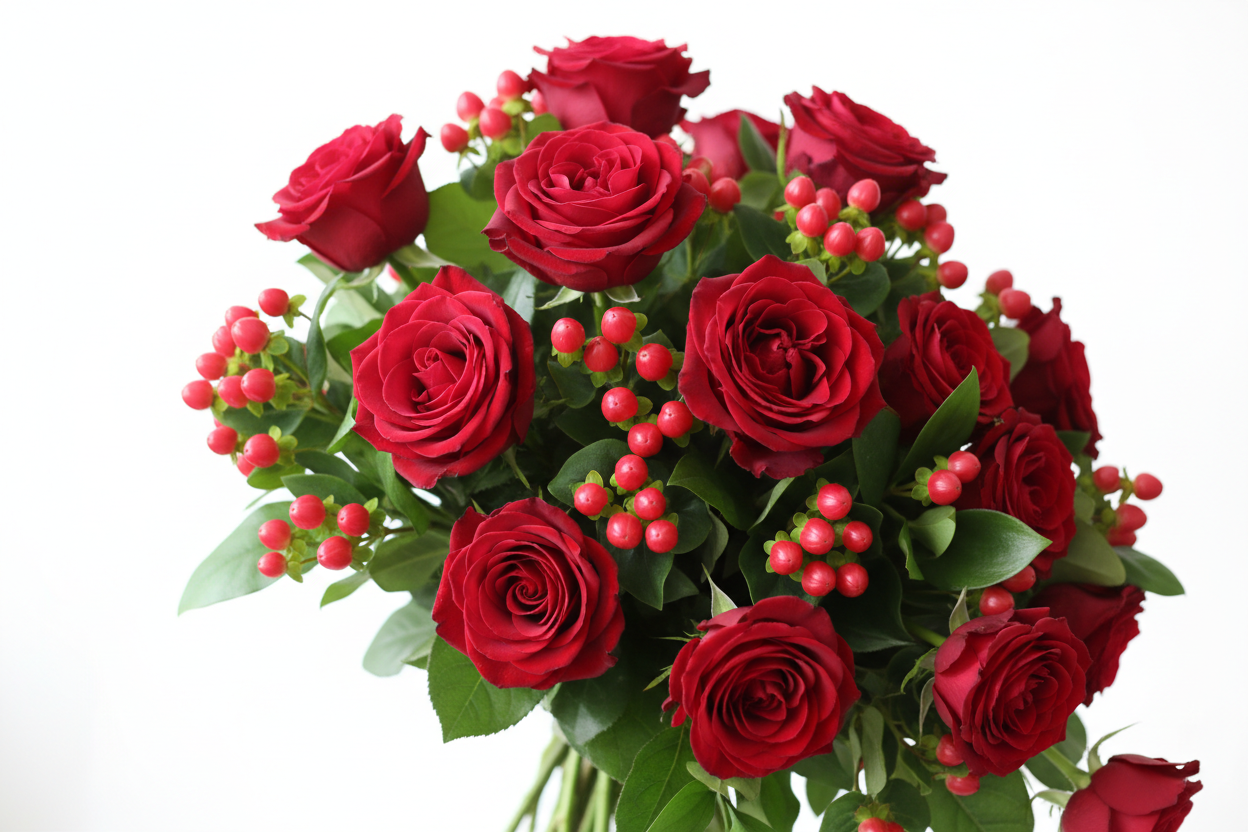 Crea un bouquet di rose rosse e pericom rossi